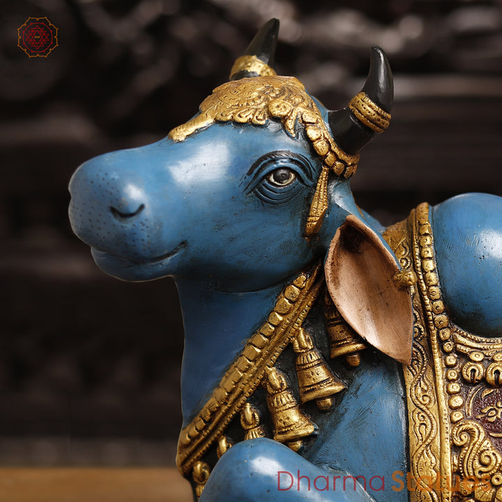 Brass Nandi Statue, Regal Nandi in Vibrant Ceremonial Attire, 14"