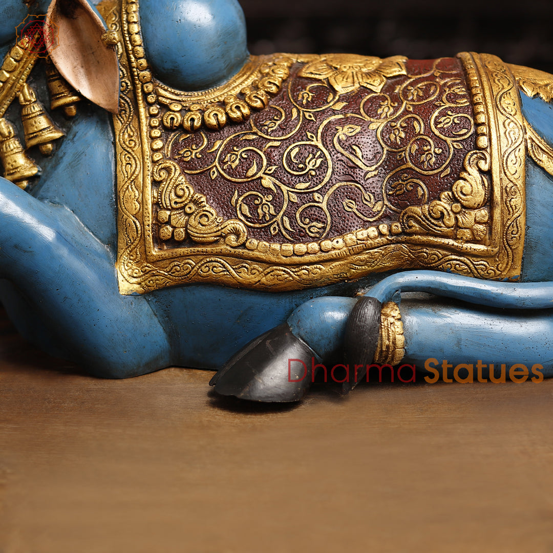 Brass Nandi Statue, Regal Nandi in Vibrant Ceremonial Attire, 14"