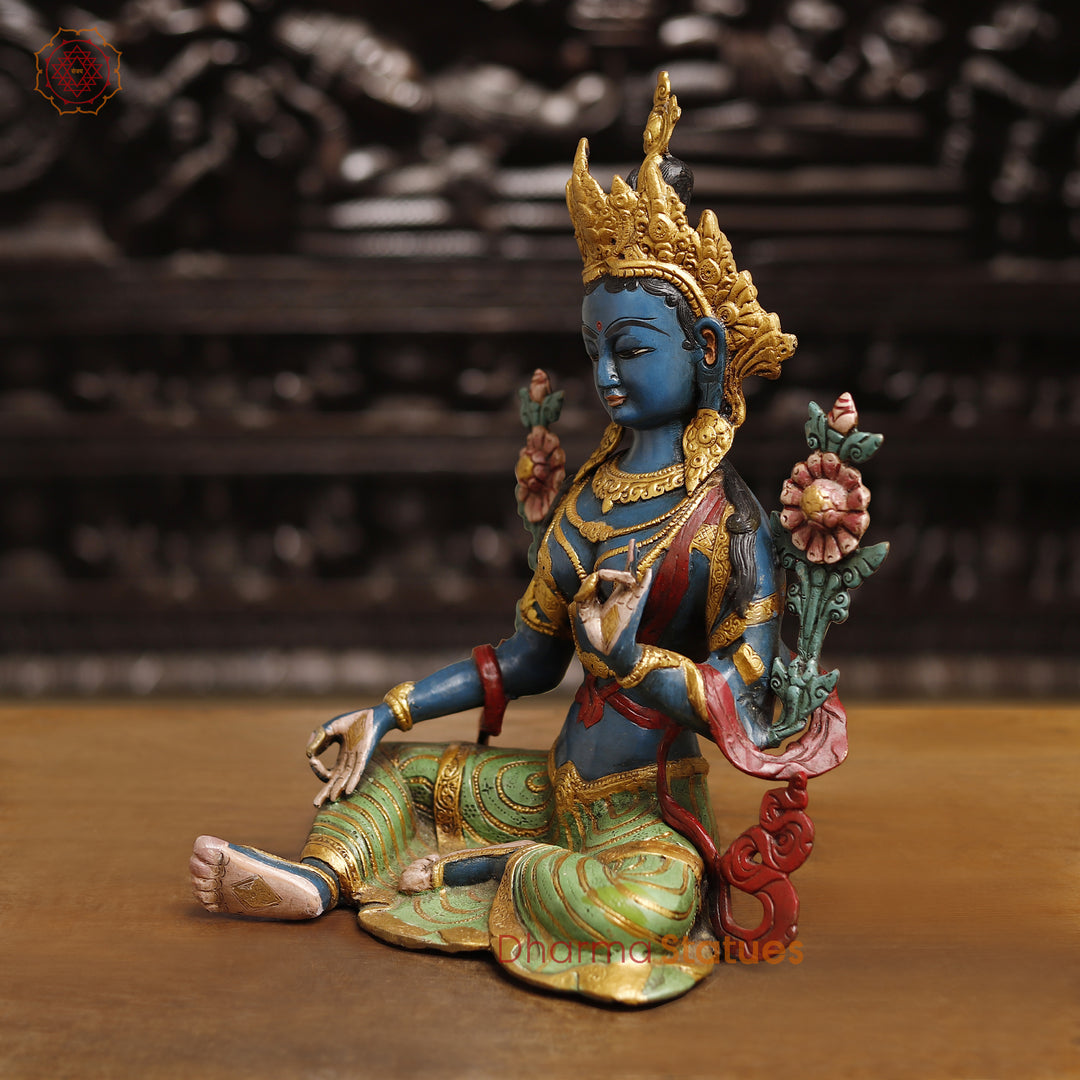 Brass Tara Devi Statue, Spiritual Tara Devi Idol, Multicolor Finish 15.5"