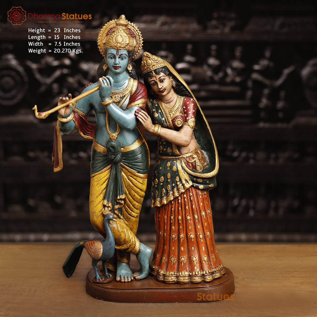 Brass Radha Krishna Statue, Radha Krishna Idol Standing, Multicolor Finish 23" Front View