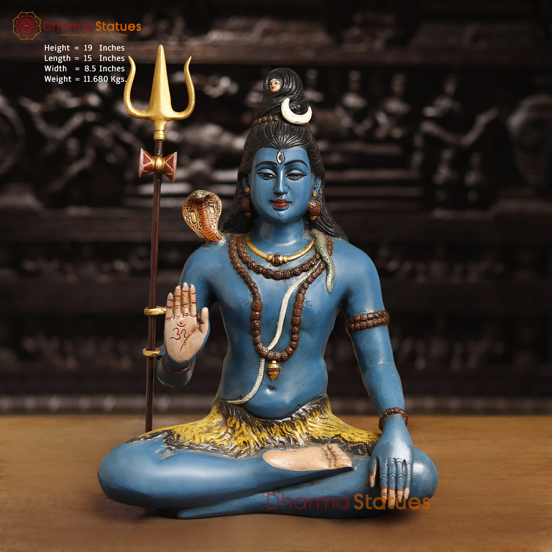 Brass Lord Shiva Statue, Sitting in Blessing Posture, Multicolor Finish 19" front view