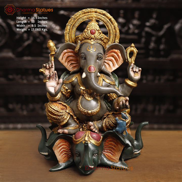 Brass Lord Ganesh Statue, Artistic Ganesh brass Idol, Colorful Finish 16.5" Front View