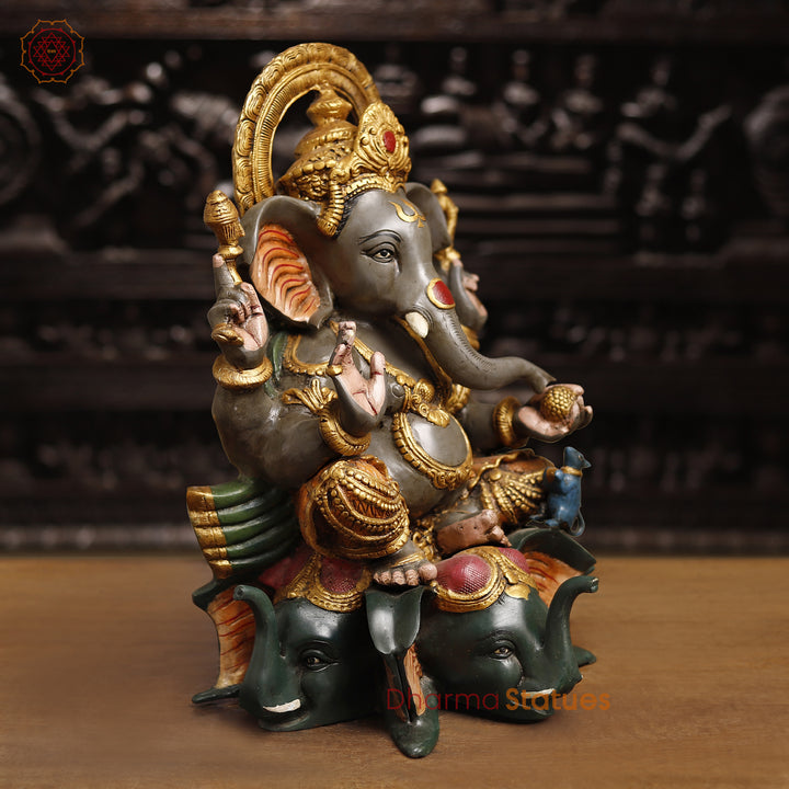 Brass Lord Ganesh Statue, Artistic Ganesh brass Idol, Colorful Finish 16.5"