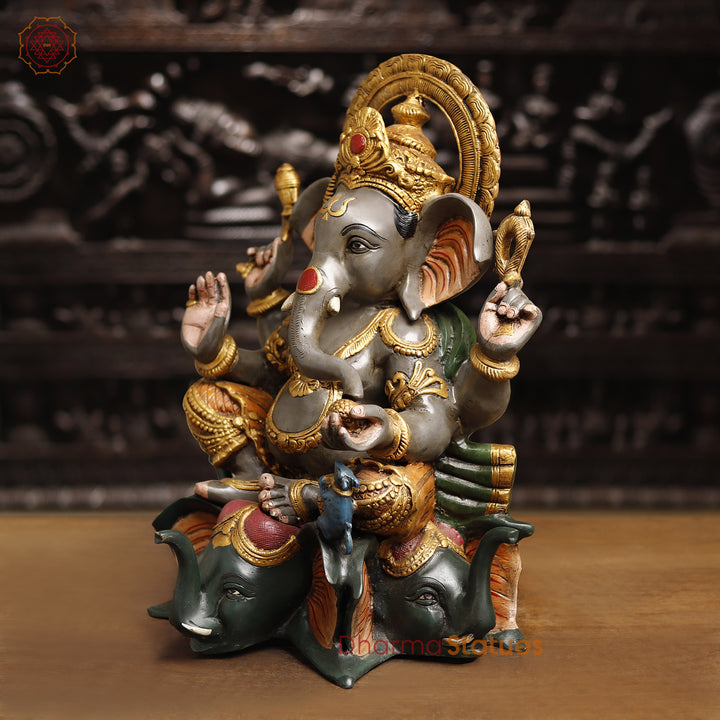 Brass Lord Ganesh Statue, Artistic Ganesh brass Idol, Colorful Finish 16.5"