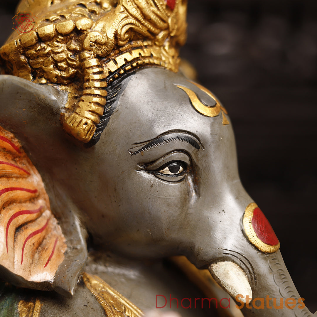 Brass Lord Ganesh Statue, Artistic Ganesh brass Idol, Colorful Finish 16.5"