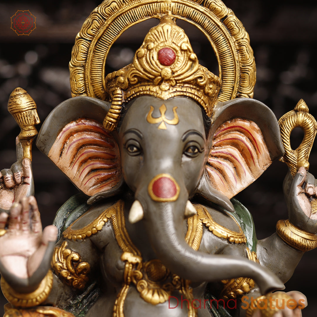 Brass Lord Ganesh Statue, Artistic Ganesh brass Idol, Colorful Finish 16.5"