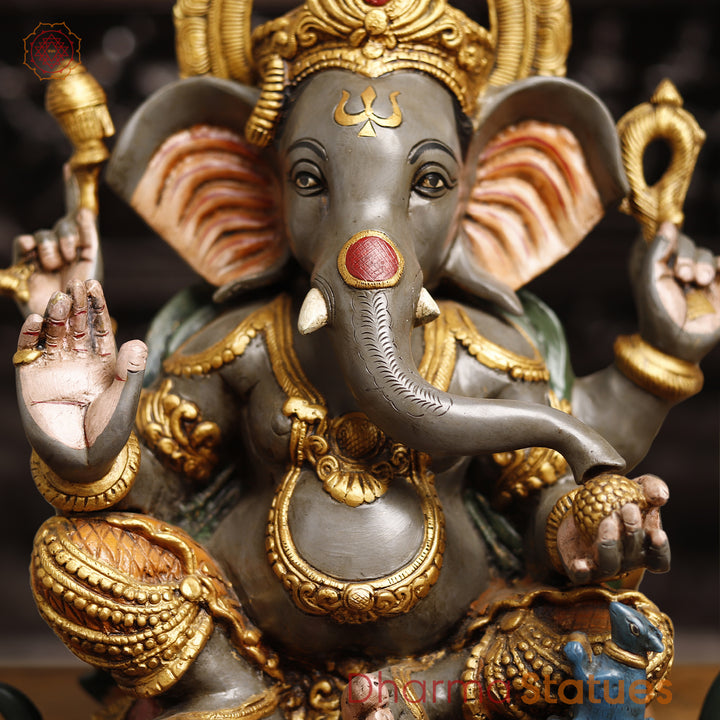 Brass Lord Ganesh Statue, Artistic Ganesh brass Idol, Colorful Finish 16.5"