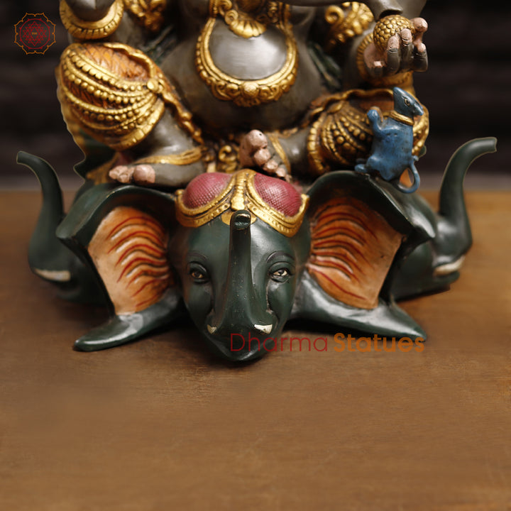 Brass Lord Ganesh Statue, Artistic Ganesh brass Idol, Colorful Finish 16.5"