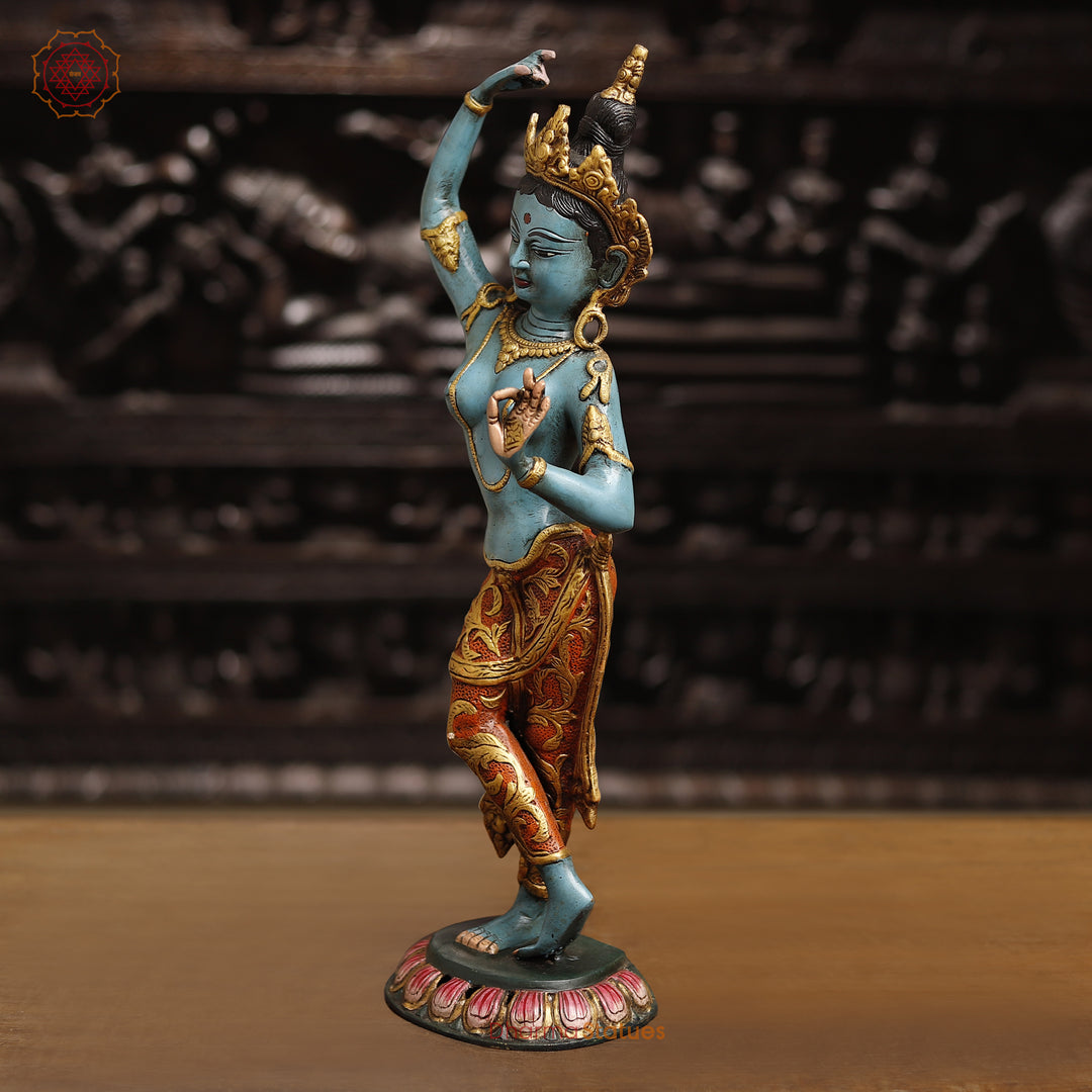 Brass Tara Devi Statue, Handcrafted Tara Devi Standing Posture, Multicolor 20"