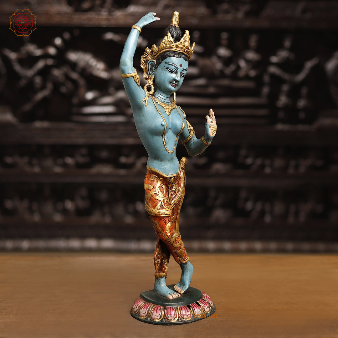 Brass Tara Devi Statue, Handcrafted Tara Devi Standing Posture, Multicolor 20"