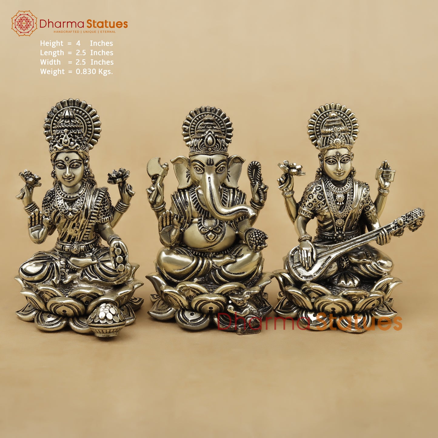 Brass Lakshmi Ganesh Saraswati Fine, 4"