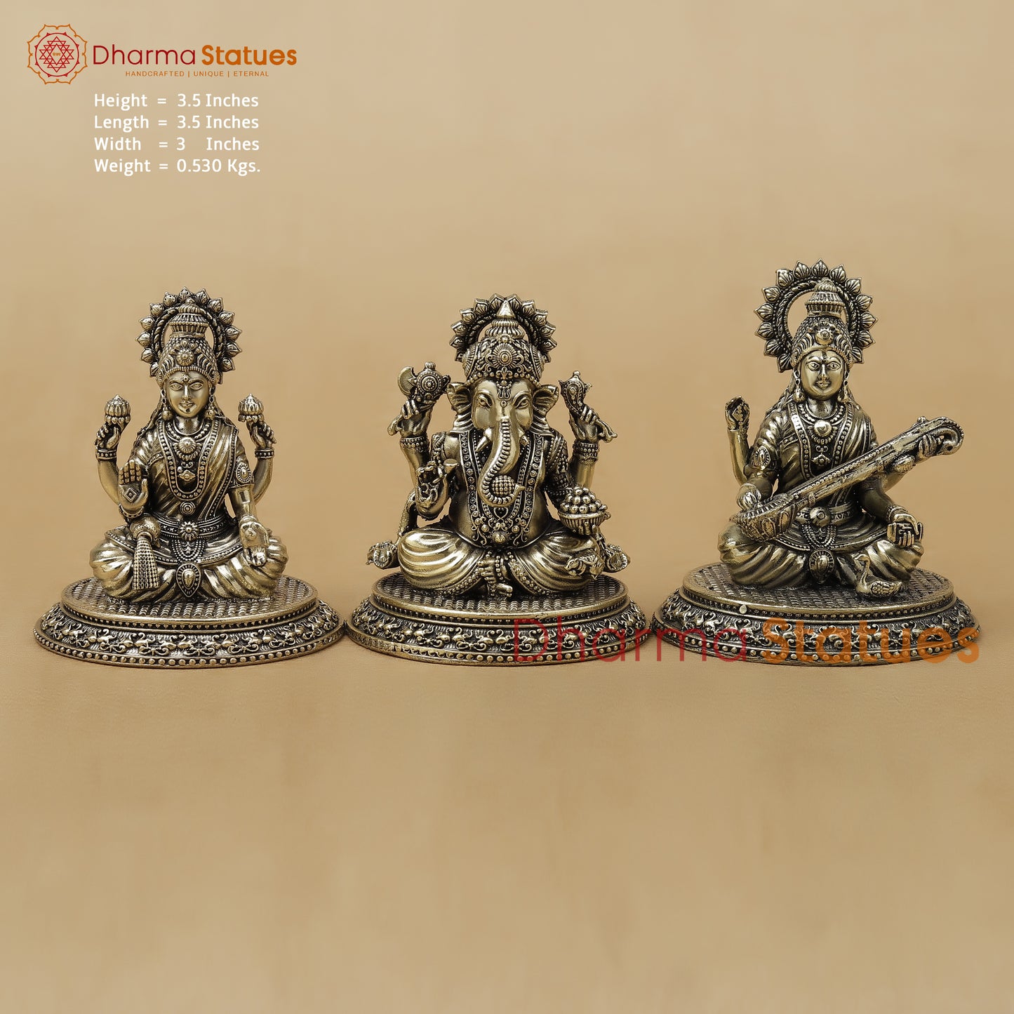 Brass Lakshmi Ganesh Saraswati Fine, 3.5"