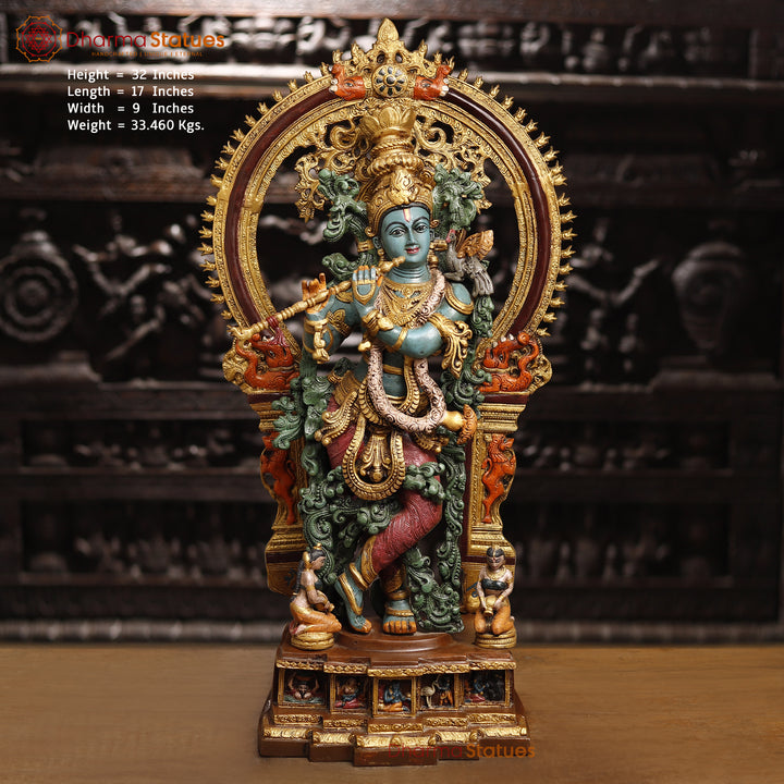 Lord Krishna Brass Statue, Playing Divine Flute colorful 32" Front View