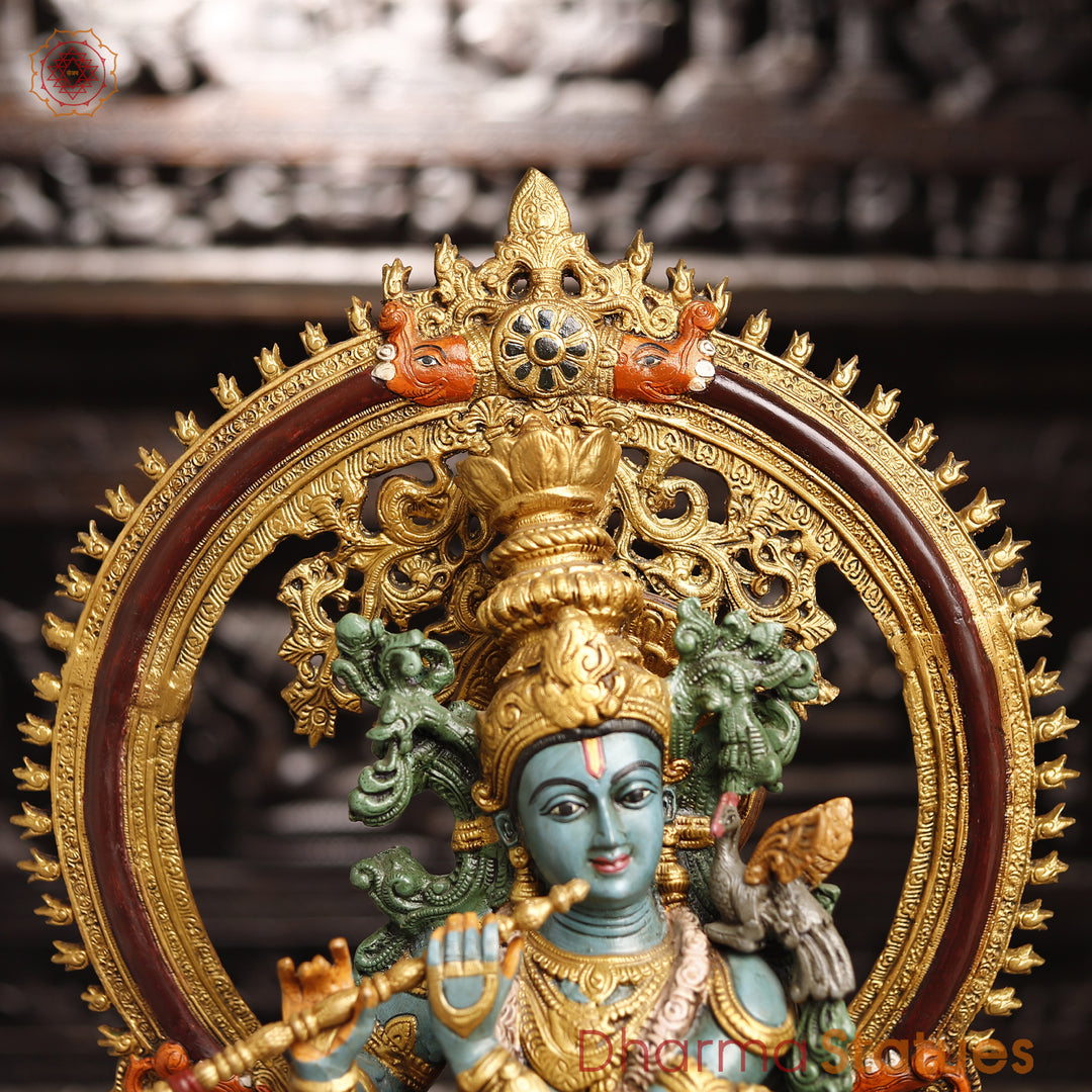 Lord Krishna Brass Statue, Playing Divine Flute colorful 32"