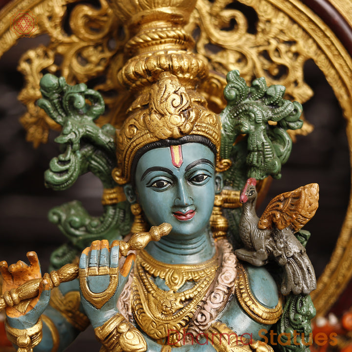 Lord Krishna Brass Statue, Playing Divine Flute colorful 32"