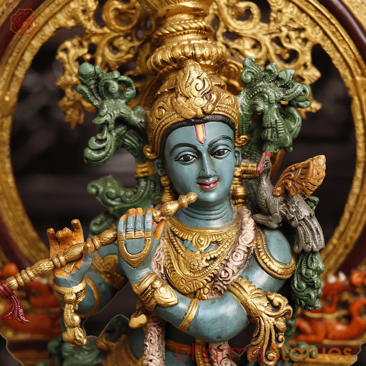 Brass Krishna Brass Statue, Playing Divine Flute colorful Finish, 32"