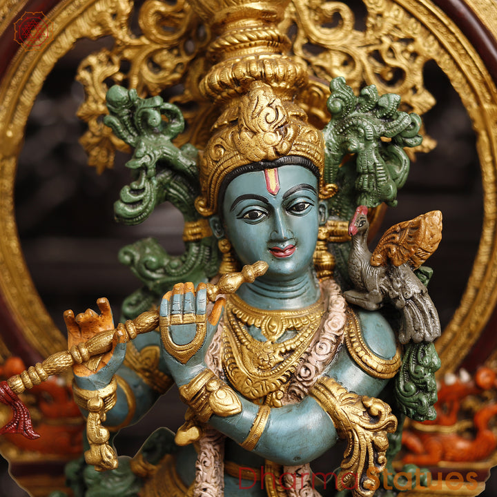 Lord Krishna Brass Statue, Playing Divine Flute colorful 32"