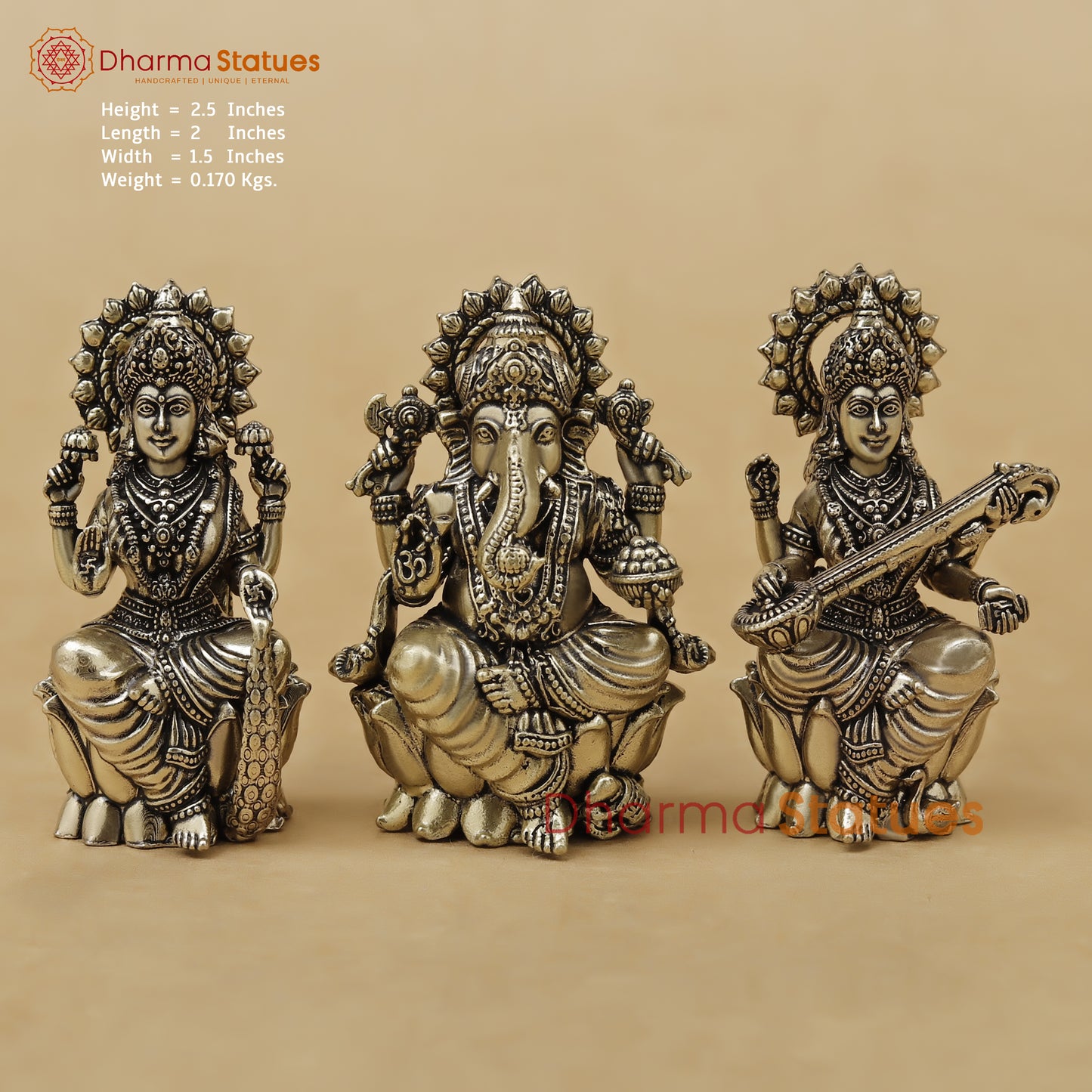 Brass Lakshmi Ganesh Saraswati Fine, 2.5"