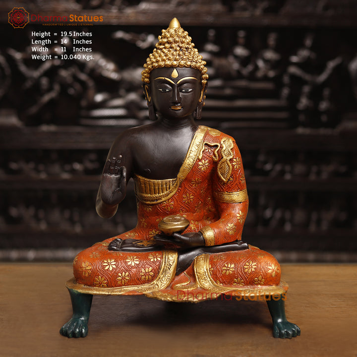 Handcrafted Brass Buddha Idol, Blessing Posture, colorful Fine Finish 19.5"