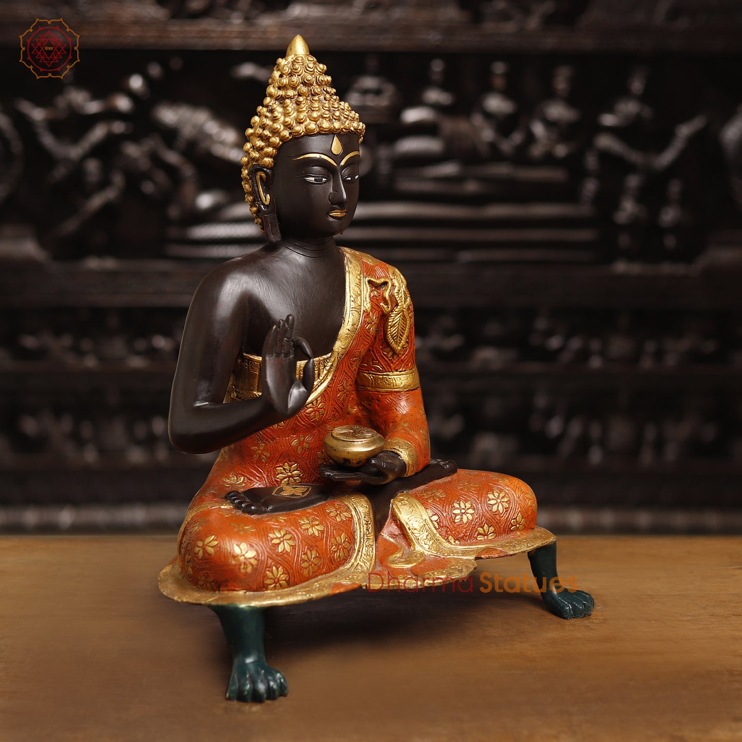 Brass Handcrafted Buddha Idol in Blessing Posture, colorful Fine Finish 19.5"