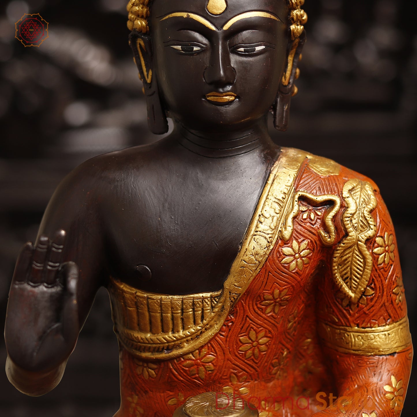 Brass Handcrafted Buddha Idol in Blessing Posture, colorful Fine Finish 19.5"
