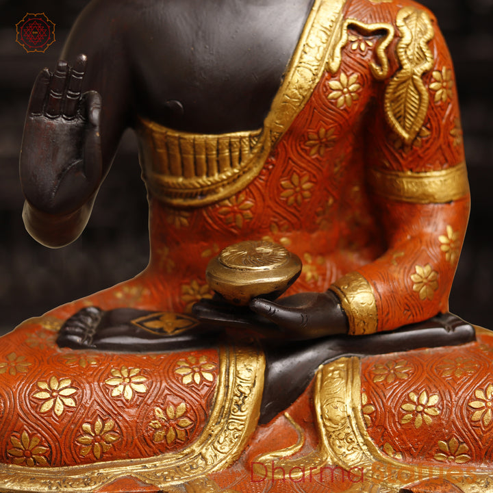 Brass Buddha Idol, Seated, Handpainted Colors 19.5"