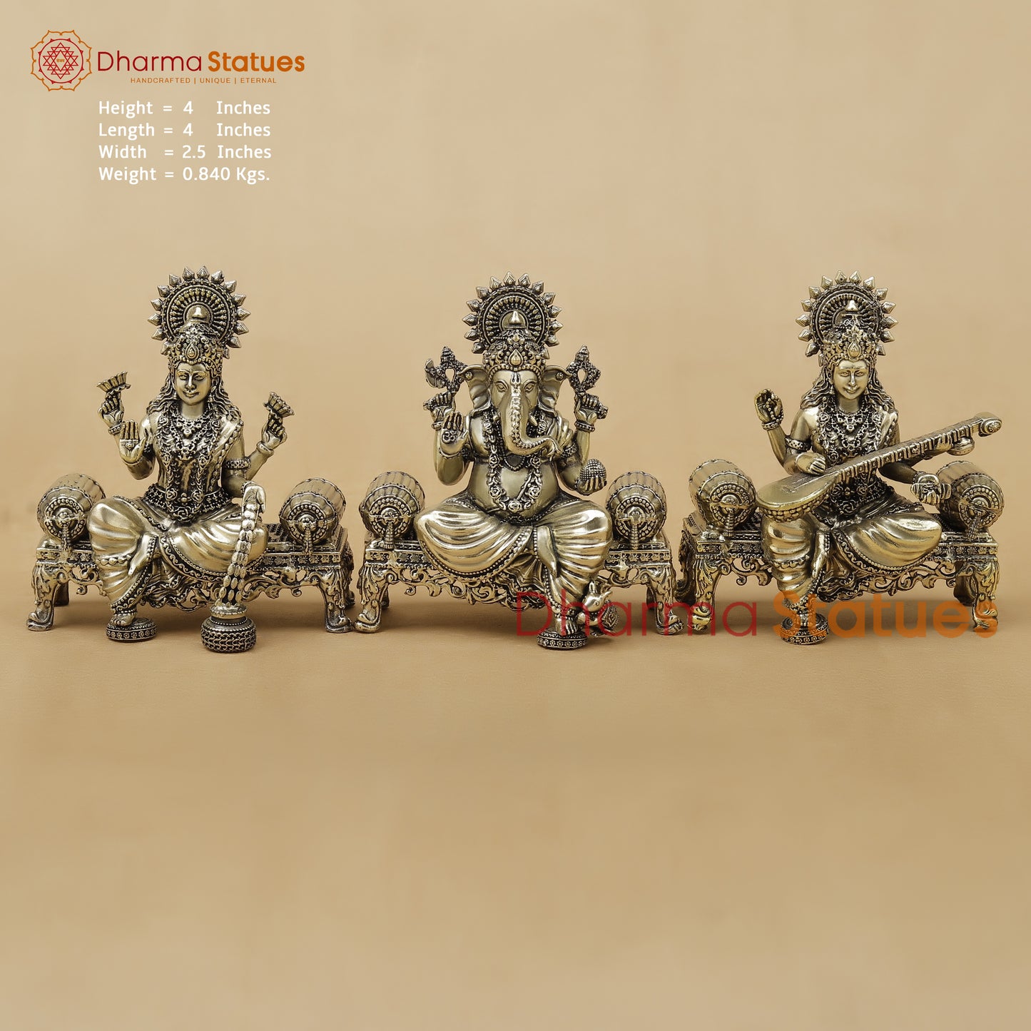 Brass Lakshmi Ganesh Saraswati Fine, 4"