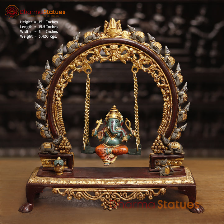 Brass Lord Ganesh Idol, Ganesha on a Swing, Colorful 15" Front View