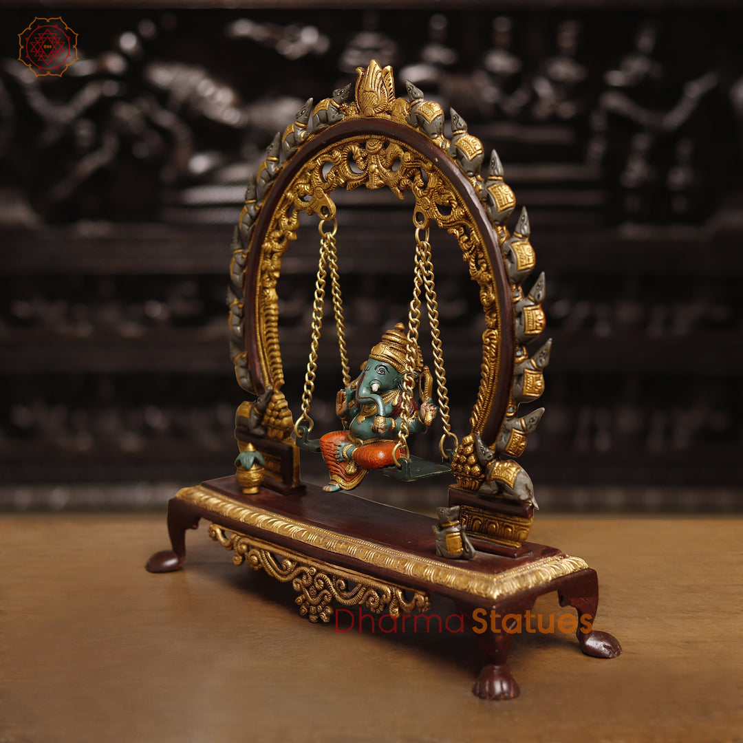 Brass Lord Ganesh Idol, Ganesha on a Swing, Colorful 15"