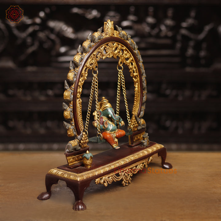 Brass Lord Ganesh Idol, Ganesha on a Swing, Colorful 15"