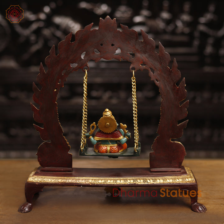 Brass Lord Ganesh Idol, Ganesha on a Swing, Colorful 15"