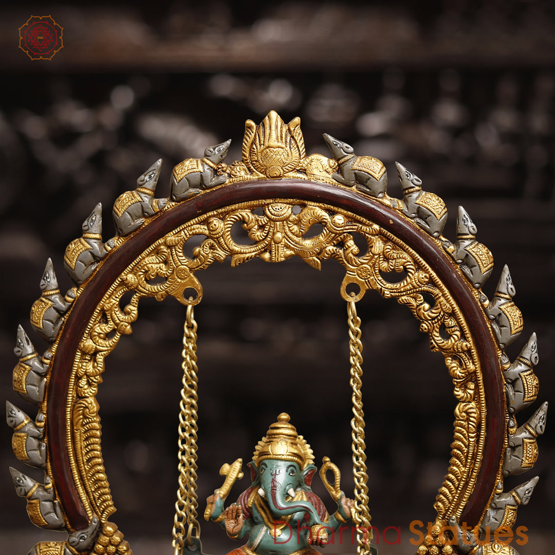 Brass Lord Ganesh Idol, Ganesha on a Swing, Colorful 15"