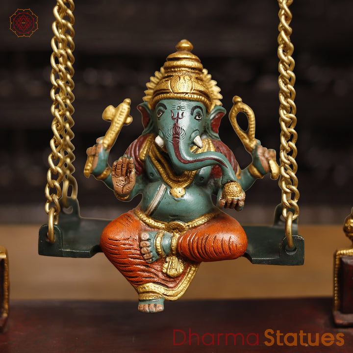 Brass Lord Ganesh Idol, Ganesha on a Swing, Colorful 15"