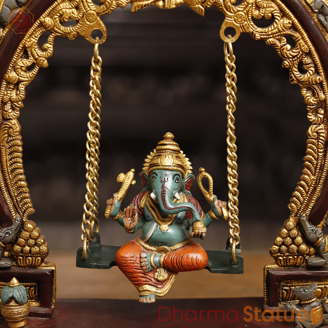 Brass Lord Ganesh Idol, Ganesha on a Swing, Colorful 15"