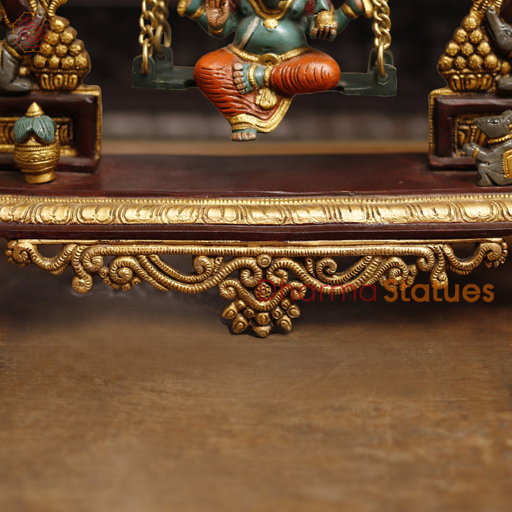 Brass Lord Ganesh Idol, Ganesha on a Swing, Colorful 15"