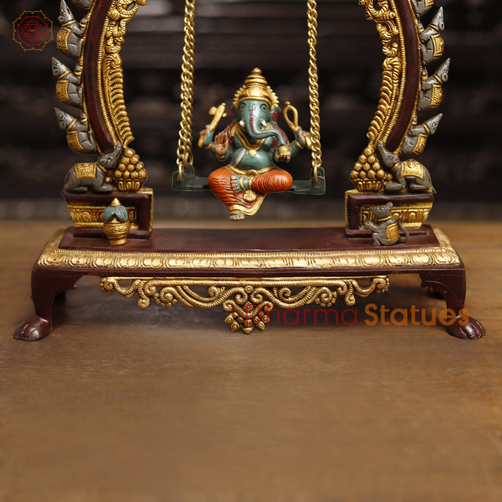 Brass Lord Ganesh Idol, Ganesha on a Swing, Colorful 15"