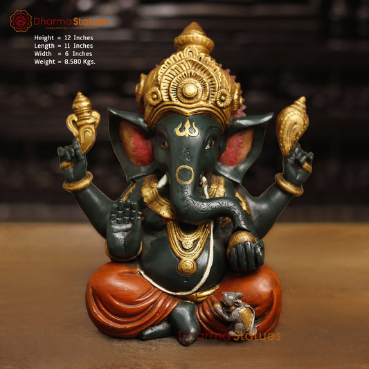 Brass Lord Ganesh Idol, Ganesh Seated in blessing posture, Colorful Finish 12" Front View