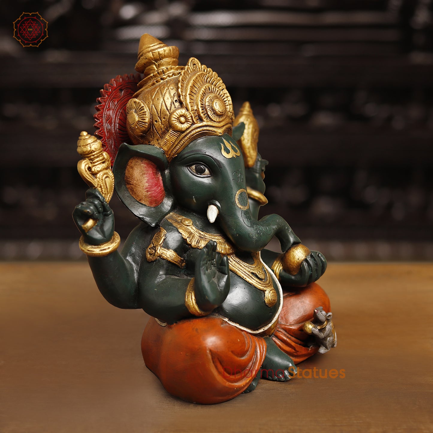 Brass Lord Ganesh Idol, Ganesh Seated in blessing posture, Colorful Finish 12"