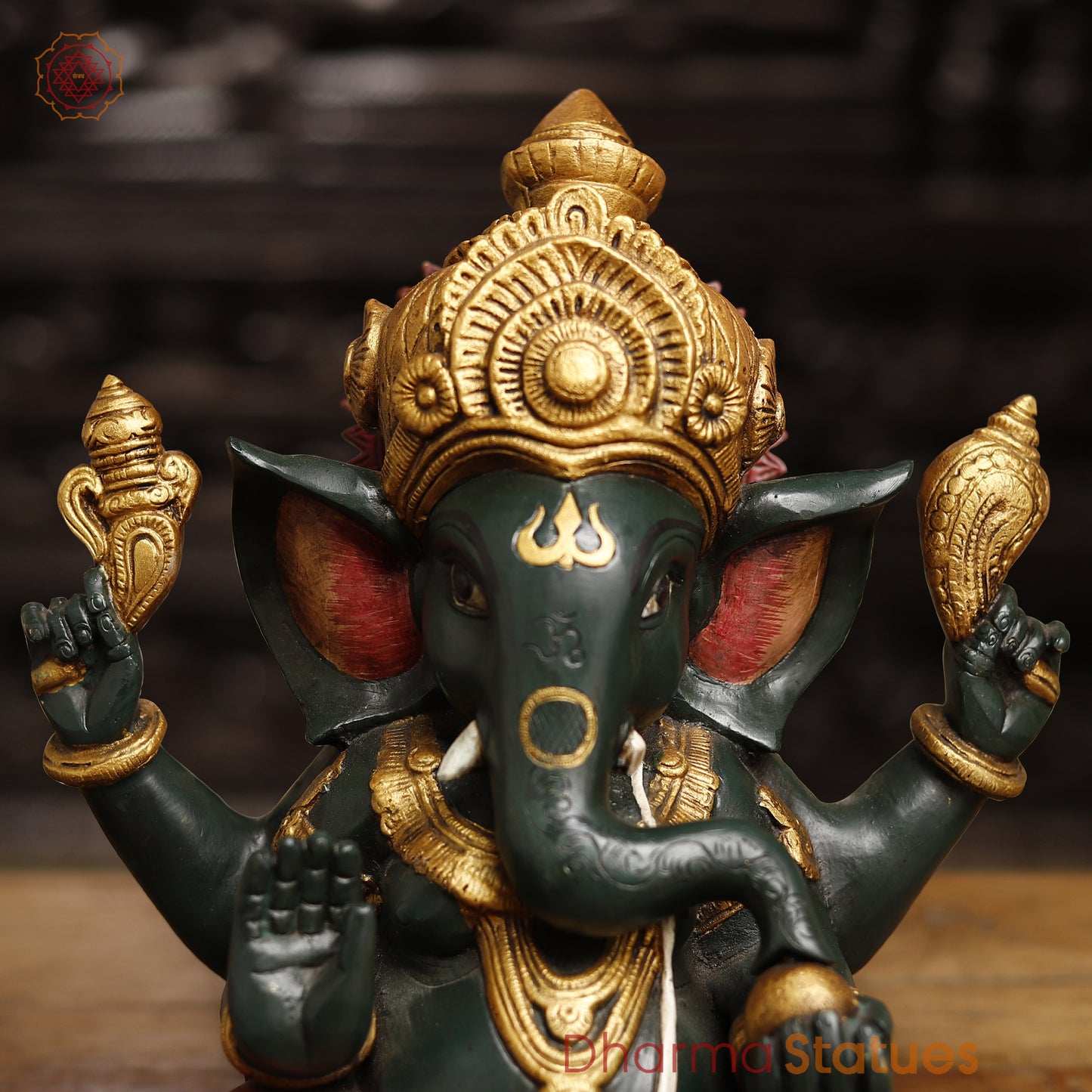 Brass Lord Ganesh Idol, Ganesh Seated in blessing posture, Colorful Finish 12"