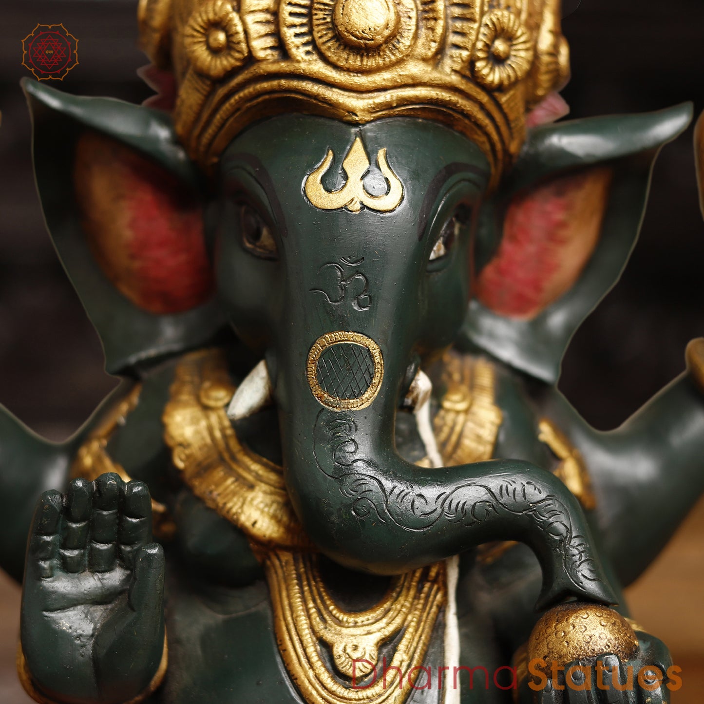 Brass Lord Ganesh Idol, Ganesh Seated in blessing posture, Colorful Finish 12"