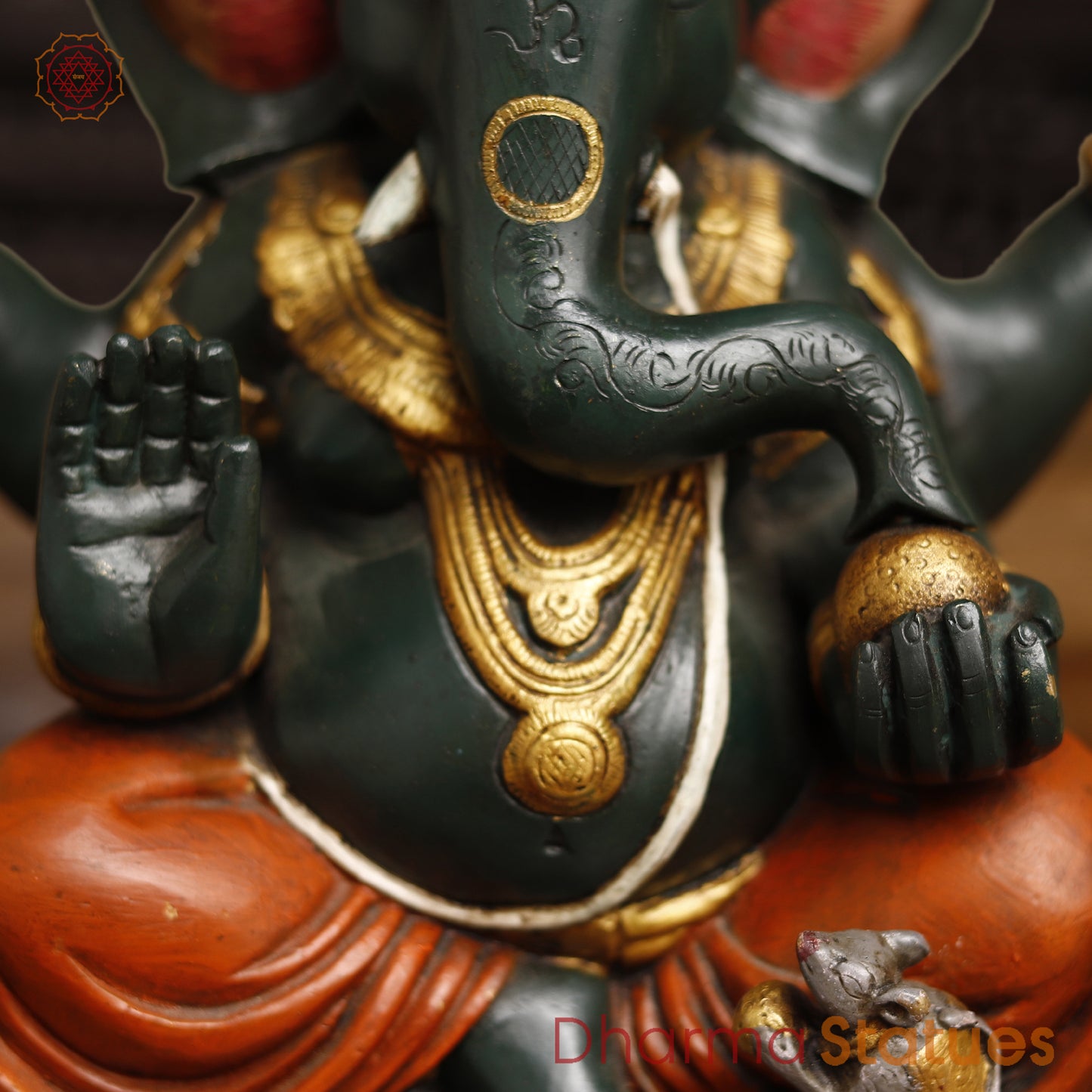 Brass Lord Ganesh Idol, Ganesh Seated in blessing posture, Colorful Finish 12"