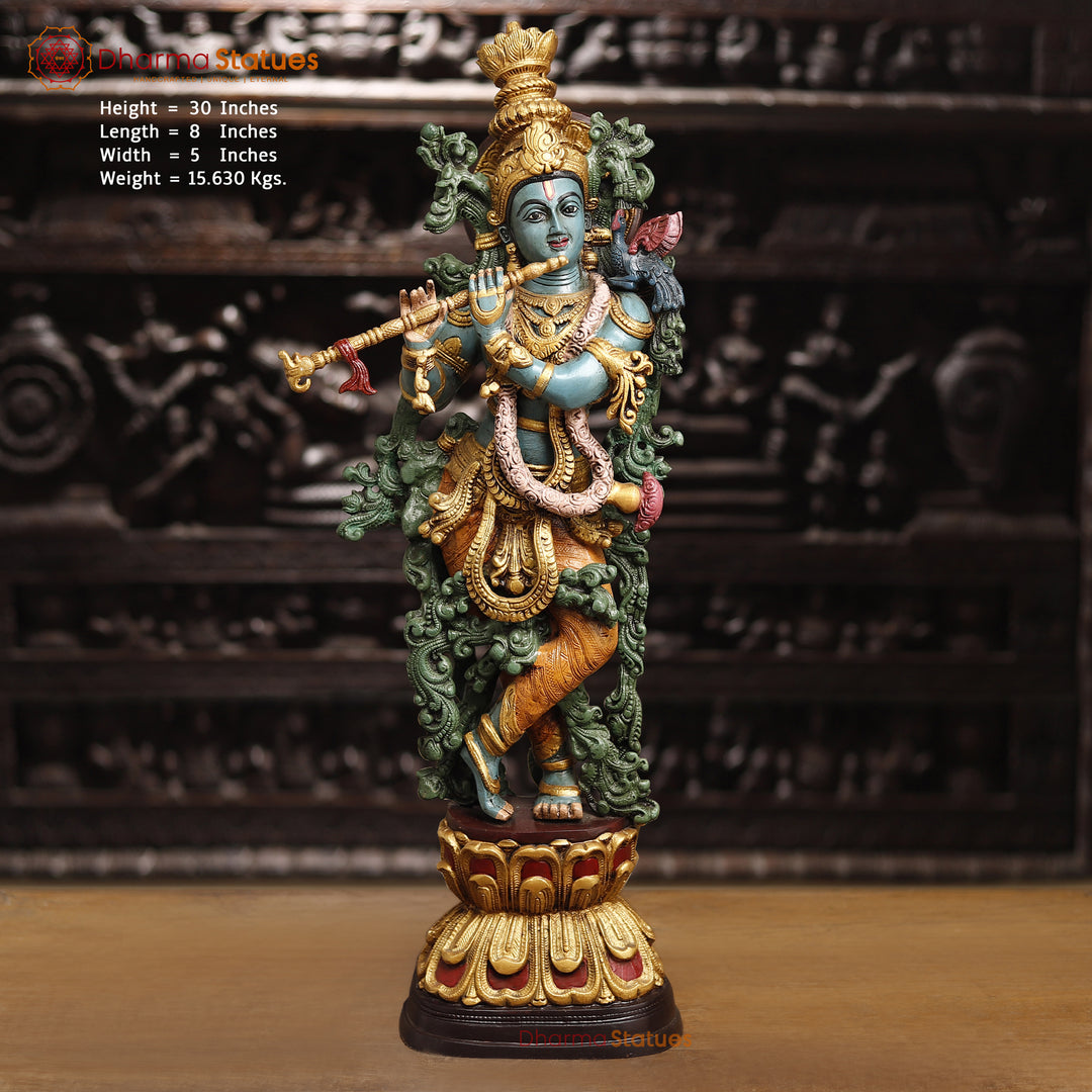 Brass Lord Krishna Statue, Playing his Divine Flute, colorful Fine Work 30" Front View