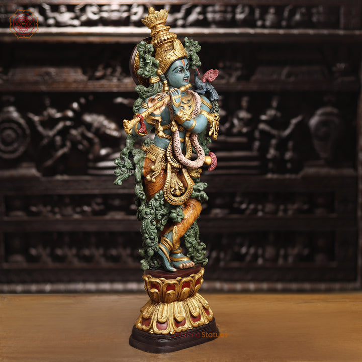 Lord Krishna Brass Statue, Playing Divine Flute colorful, 32"