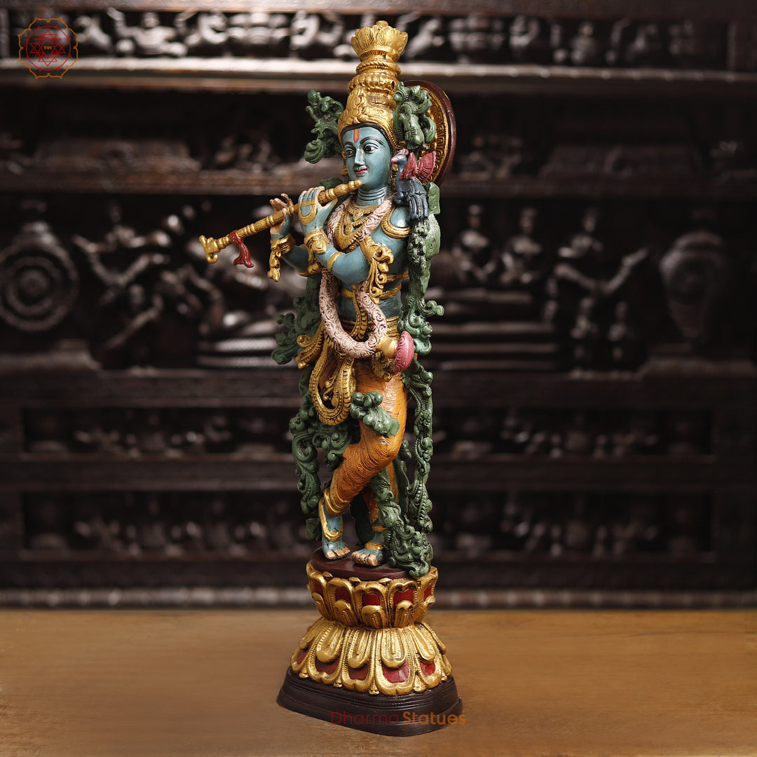 Lord Krishna Brass Statue, Playing Divine Flute colorful, 32"