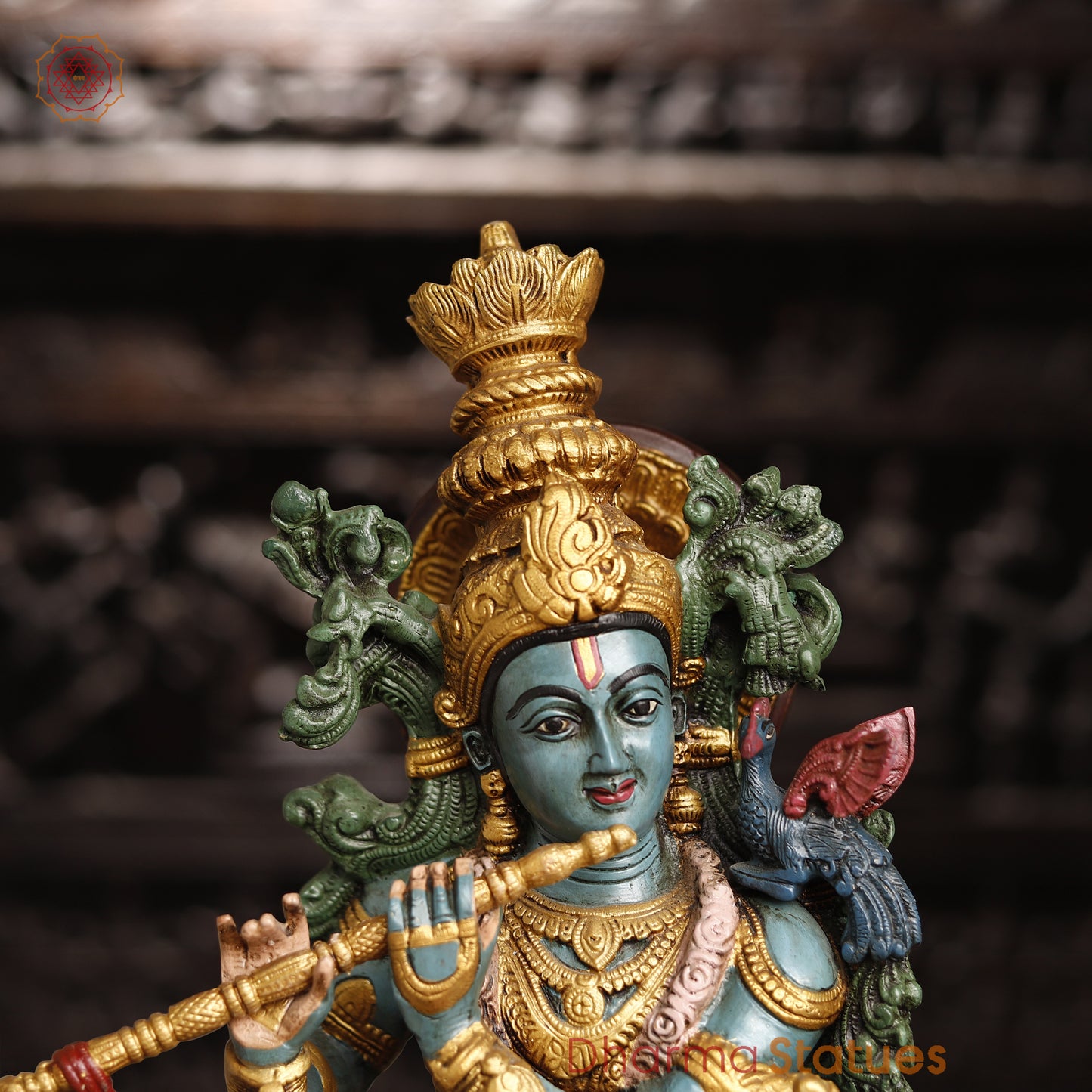 Brass Krishna Brass Statue, Playing Divine Flute colorful Finish, 32"
