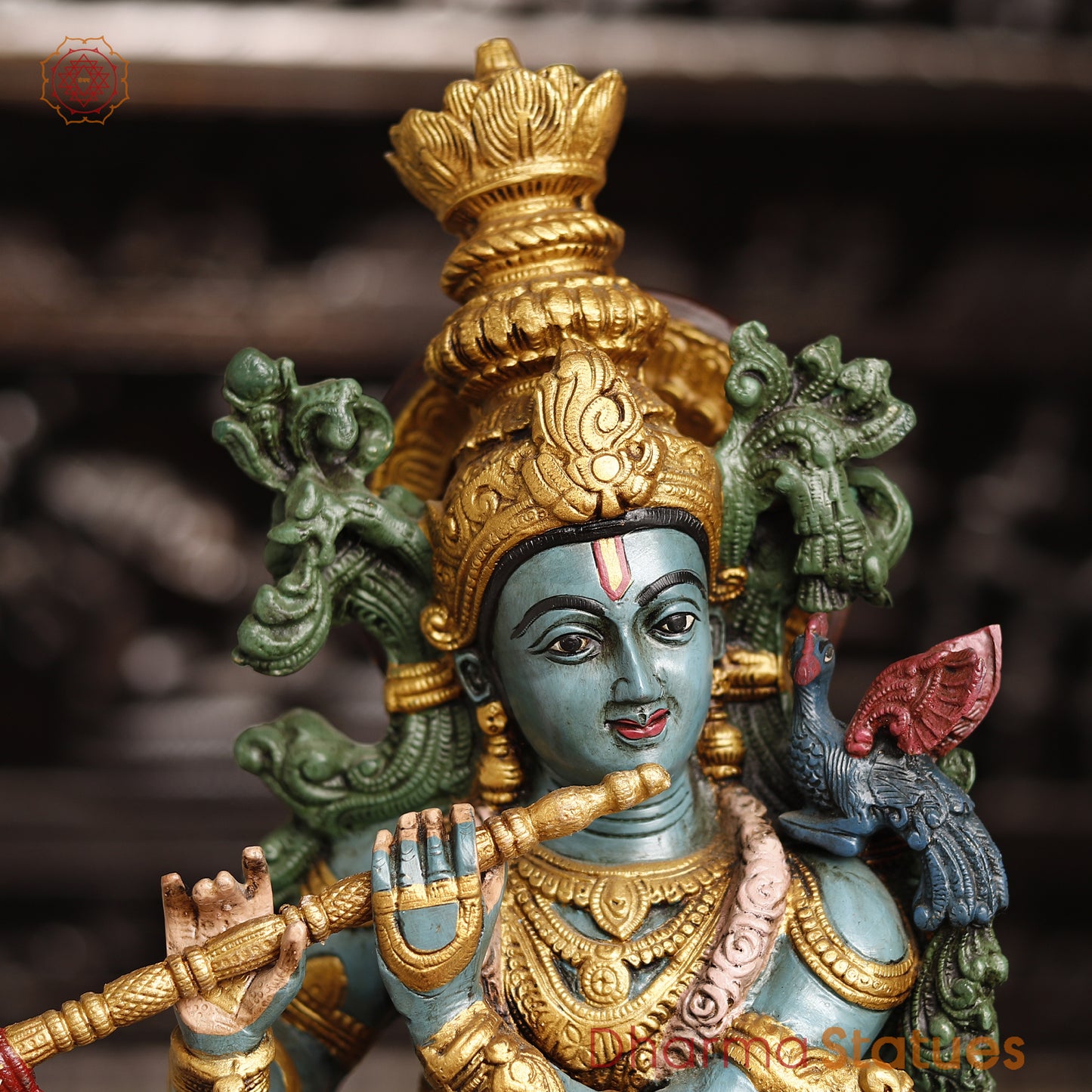 Brass Krishna Brass Statue, Playing Divine Flute colorful Finish, 32"