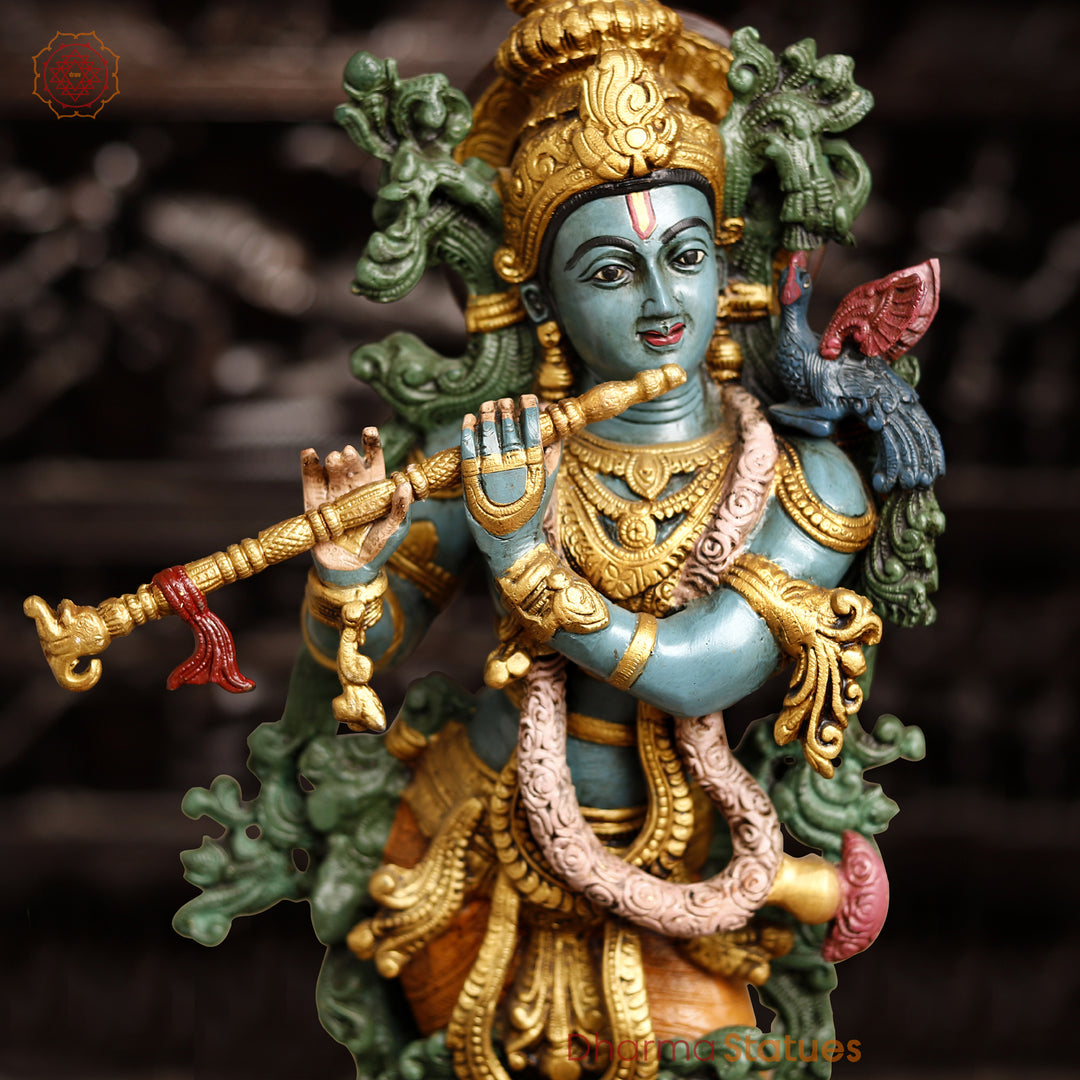 Lord Krishna Brass Statue, Playing Divine Flute colorful, 32"