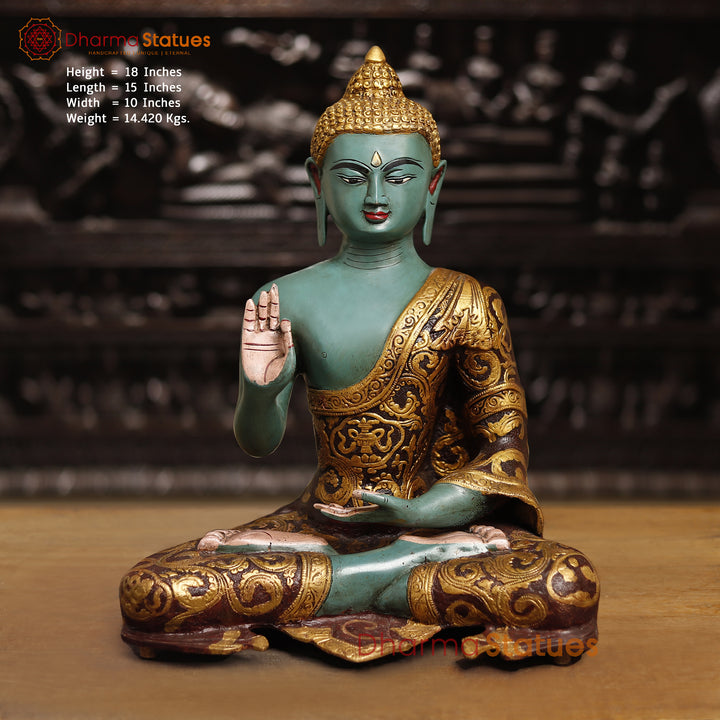 Handcrafted Brass Buddha Idol, Buddha in Blessing Posture, colorful 18"