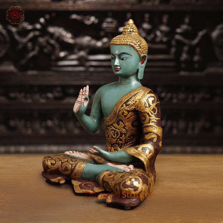 Handcrafted Brass Buddha Idol, Buddha in Blessing Posture, colorful 18"