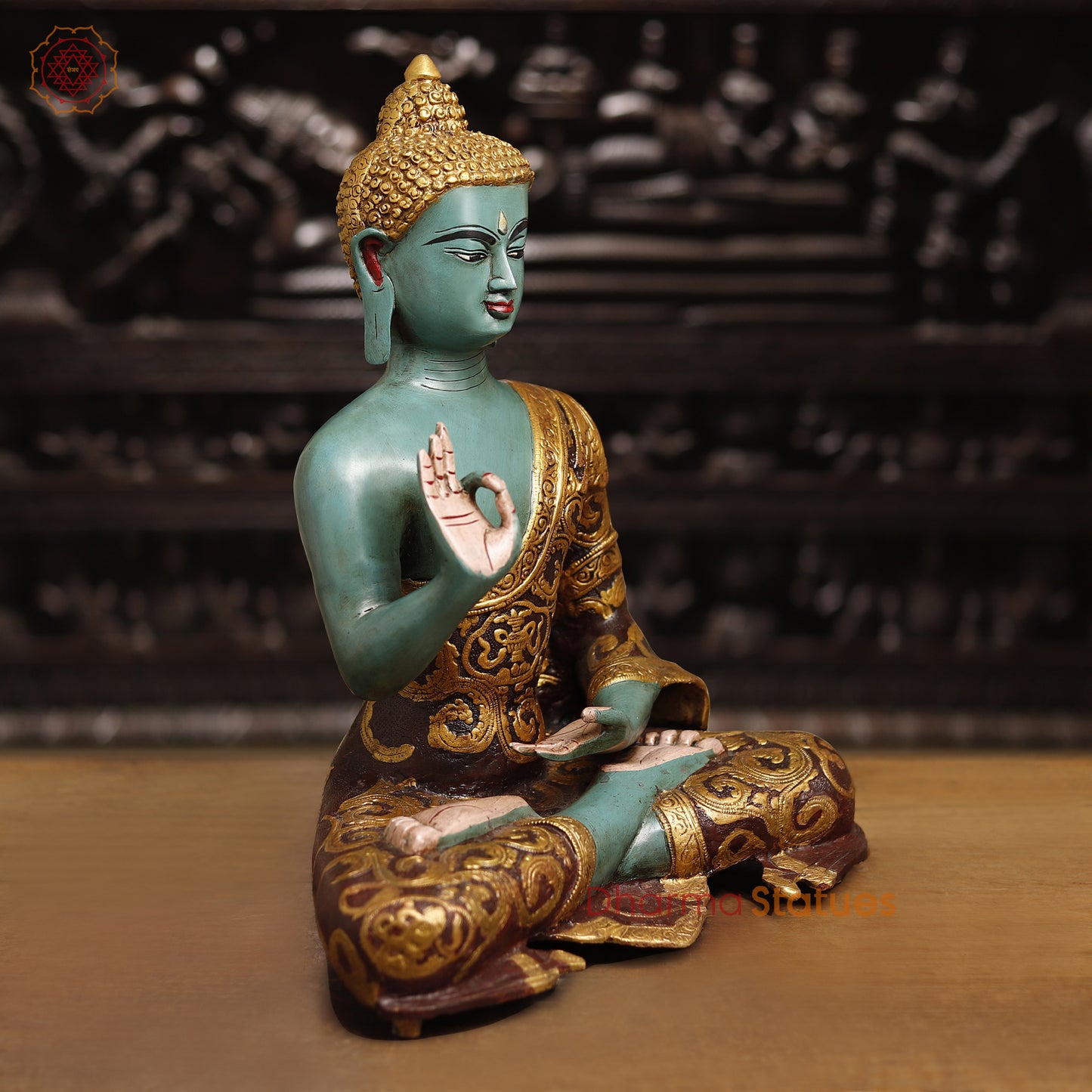 Brass Handcrafted Buddha Idol in Blessing Posture, colorful Finish, 18"